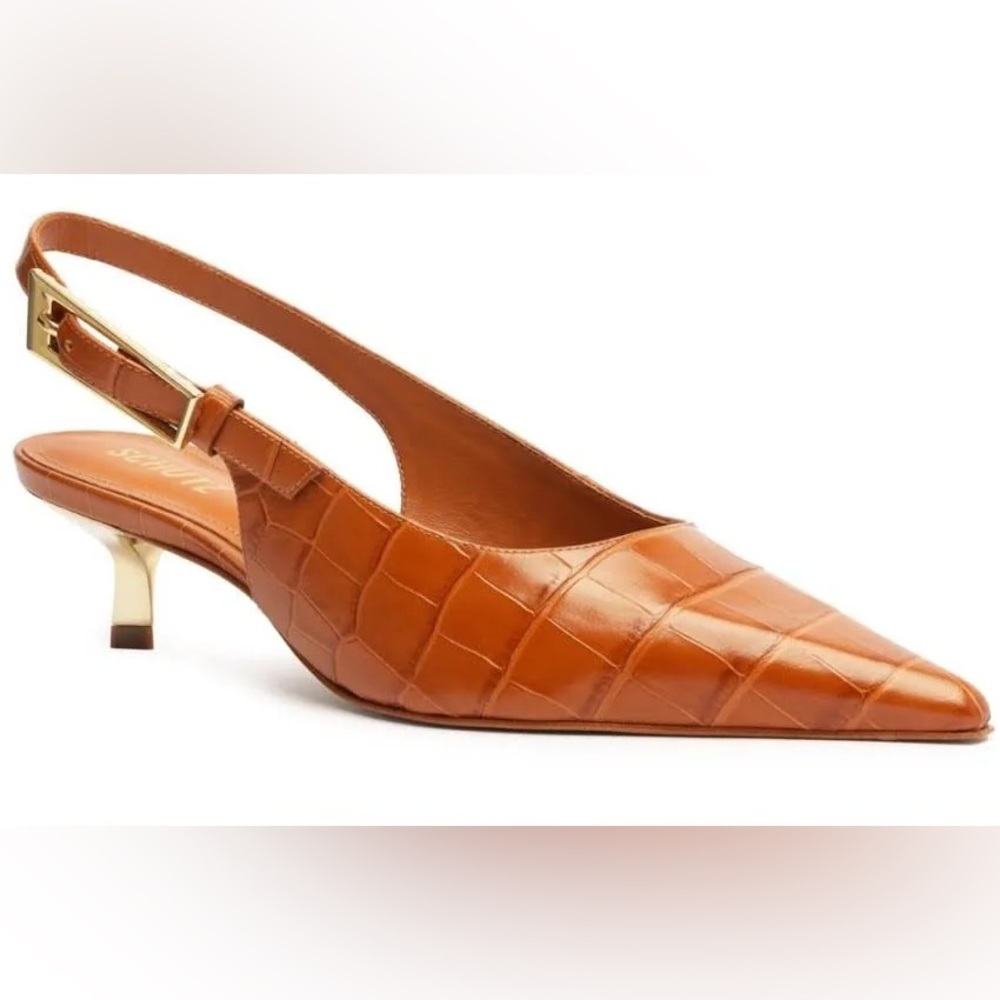 SCHUTZ Tan Croc-Embossed Slingback Kitten Heels Size 9.5 - Picture 2 of 7